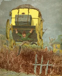 Barão Munchausen carrega sua carruagem em uma estrada estreita, de "As Aventuras do Barão Munchausen" por Rudolf Erich Raspe (1736-94) publicado c.1886